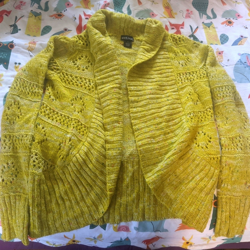 -Vintage Wet Seal Yellow Speckled Knit Croquet Cardigan Small Textured Colorful